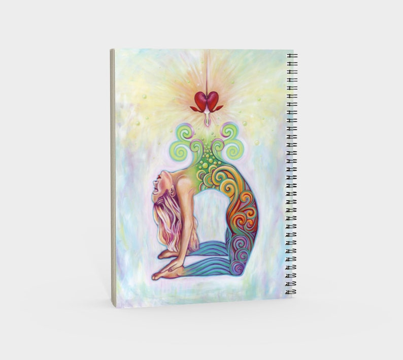 May include: A colorful illustration of a woman in a yoga pose, with a heart and swirling patterns above her head. The background is a soft yellow and blue.