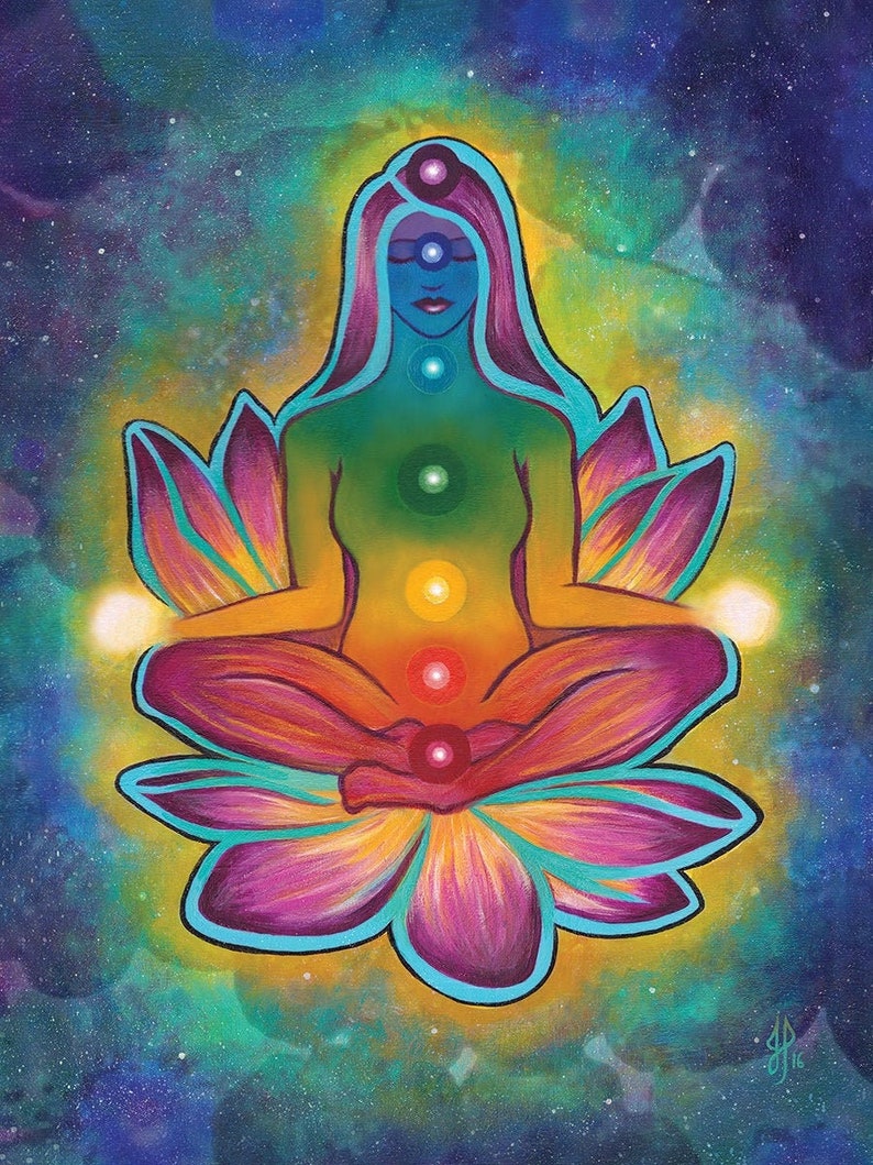 May include: A painting of a woman meditating in a lotus position with seven chakras represented by colored circles on her body. The background is a galaxy of stars and nebulae.
