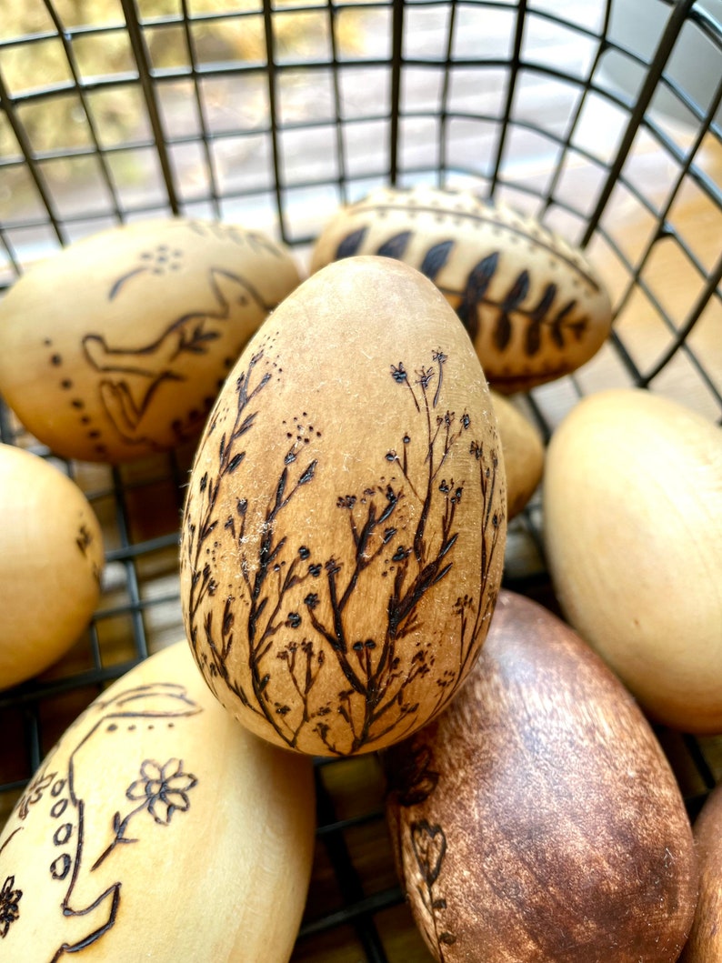 Easter eggs Easter decor Easter gift Set of 6 Hand burned Wooden eggs Easter Pyrography Artist Gift Home decor Gift image 9