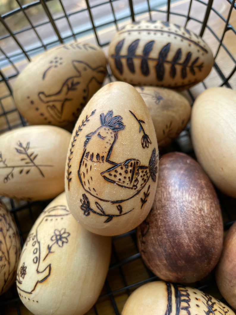 Easter eggs Easter decor Easter gift Set of 6 Hand burned Wooden eggs Easter Pyrography Artist Gift Home decor Gift image 4