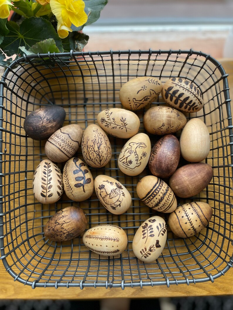 Easter eggs Easter decor Easter gift Set of 6 Hand burned Wooden eggs Easter Pyrography Artist Gift Home decor Gift image 1