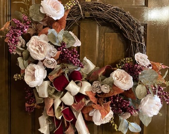 Burgundy and Ivory Grapevine Wreath