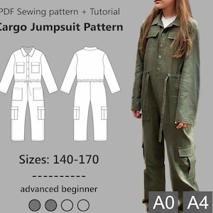 以下が含まれることがあります： カーゴジャンプスーツのデジタル縫製パターン。パターンにはサイズ140-170が含まれており、上級初心者向けのプロジェクトとしてラベル付けされています。パターンはA0とA4のサイズで入手できます。画像には、緑色のカーゴジャンプスーツを着たモデルも表示されています。