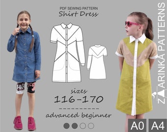 Shirt Dress PDF Pattern for girls, button-down dress, color block // Sizes 116-170// Detailed step-by-step tutorial