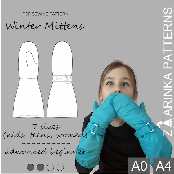 Ergonomic Winter Ski Mittens with the long gauntlet, PDF Pattern for children, teens and women, Detailed step-by-step tutorial