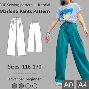 Puede incluir: Un patrón de costura digital para pantalones Marlene, con un dibujo de línea de los pantalones y una foto de un niño usando los pantalones en color turquesa. El patrón está disponible en las tallas 116-170 y se describe como un proyecto para principiantes avanzados. El texto "ZAARINKA PATTERNS" es visible en la esquina superior derecha de la imagen.