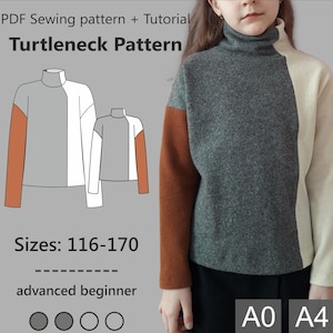 Turtleneck Relaxed Pullover PDF Pattern for girls, teens, tweens // Sizes 116-170 // Digital, DIY, detailed step-by-step tutorial