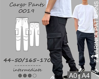 El patrón de costura PDF de pantalones cargo para adolescentes y hombres, Descarga digital, EU44-50/XS-L/US34-40, Altura 165-170; instrucciones completamente ilustradas
