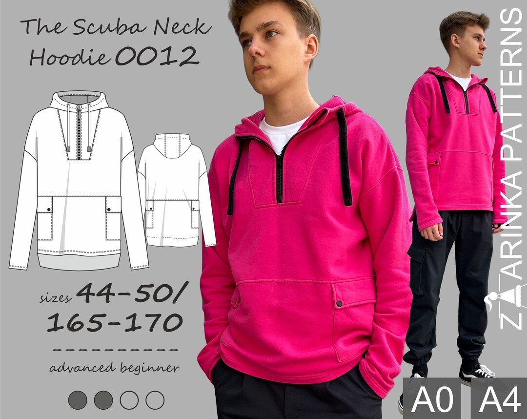 The Scuba Neck Hoodie PDF Sewing Pattern, Teens and Men, Digital Download//sizes 4450/XSL