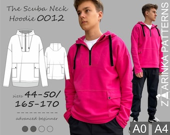 The Scuba Neck Hoodie PDF Sewing Pattern, teens and men, Digital download//Sizes 44-50/XS-L, height 165-170// fully illustrated instructions