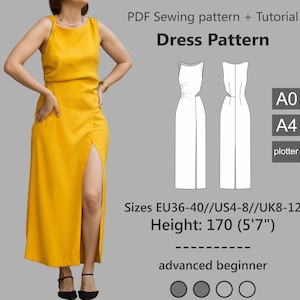 Asymmetric Midi Dress Sewing Pattern with Tutorial // Sizes EU36-40//US4-8//UK8-12 for height 170
