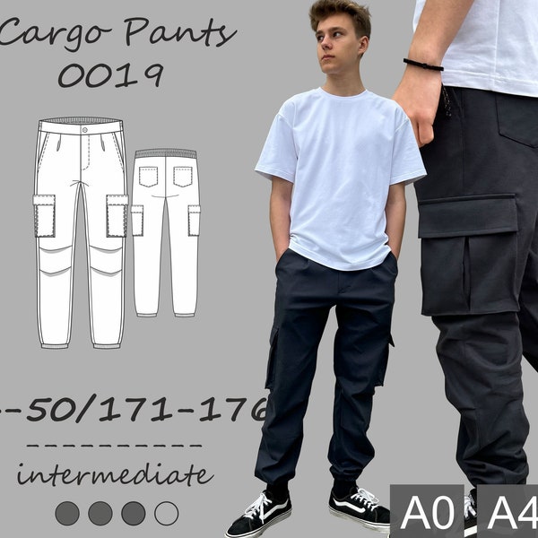 Patron de couture PDF du pantalon cargo pour adolescents et hommes, téléchargement numérique, EU44-50/XS-L/US34-40, hauteur 171-176 ; Instructions entièrement illustrées