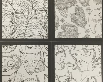 May include: Four black and white coloring pages featuring different animal designs. The first page features a pattern of bears, the second page features a pattern of pine branches and pine cones, the third page features a pattern of foxes and owls, and the fourth page features a pattern of horses.