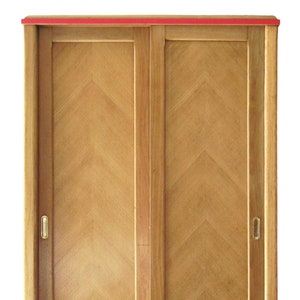 Varnished oak veneer wardrobe with sliding doors vintage 1950s image 1
