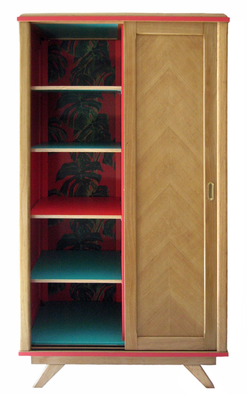 Varnished oak veneer wardrobe with sliding doors vintage 1950s image 6