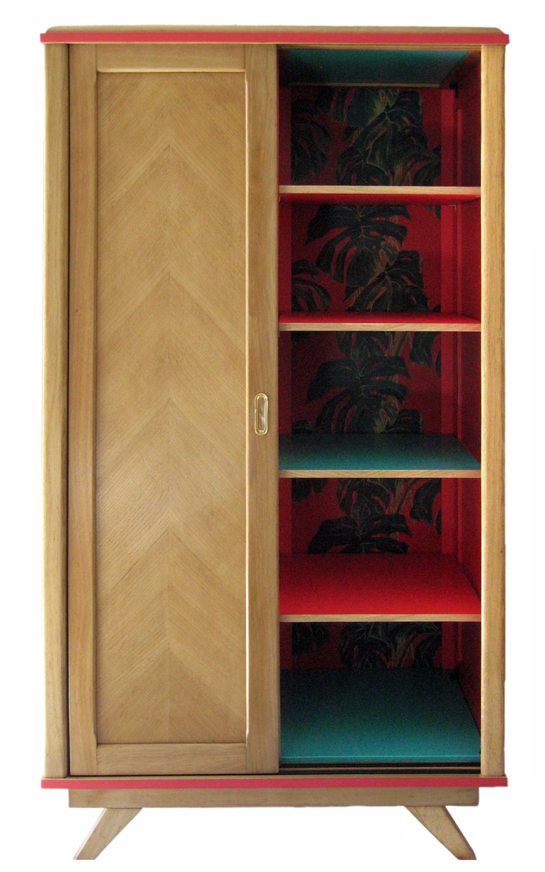 Varnished oak veneer wardrobe with sliding doors vintage 1950s image 7