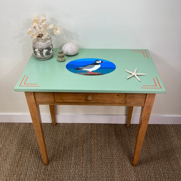 Table d'appoint bureau en bois peint décor oiseau