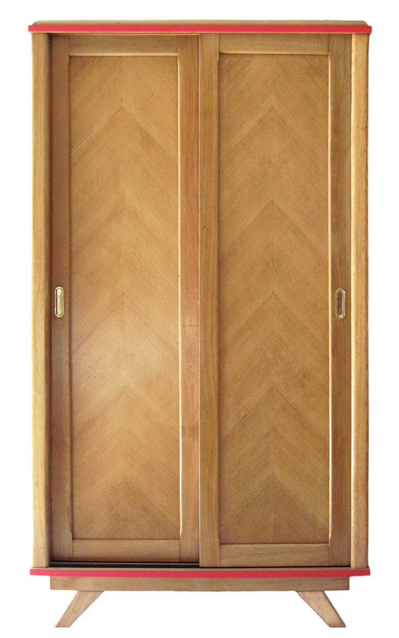 Varnished oak veneer wardrobe with sliding doors vintage 1950s image 1