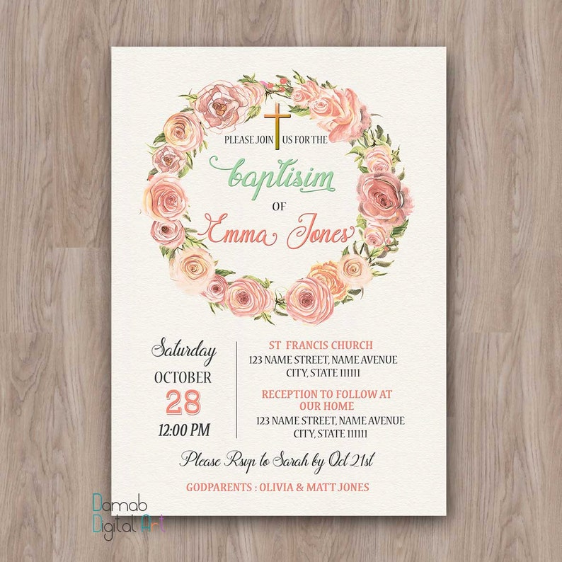 Baptism Invitation Girl Baptism Invitation Printable Baptism Etsy