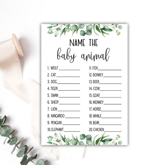 Name The Baby Animals Game Baby Shower Animal Game Greenery Etsy