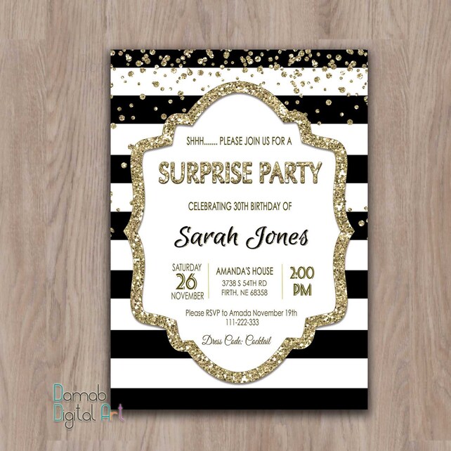 surprise birthday invitation surprise birthday invites surprise black gold birthday invitations