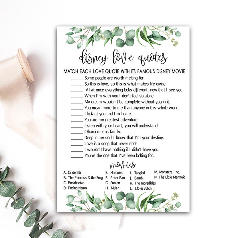 disney love quotes game movie love quote game greenery etsy