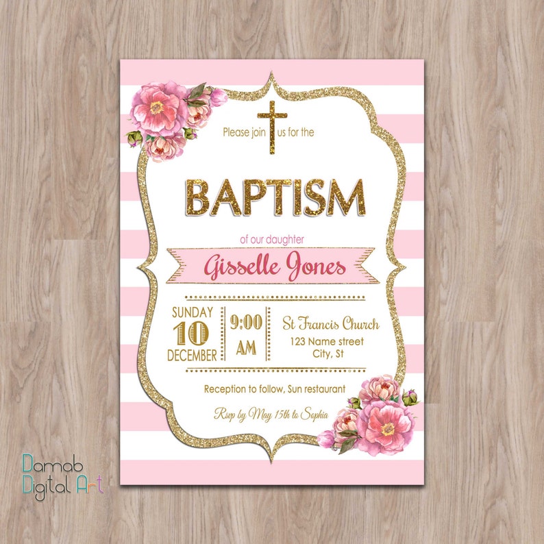 Pink And Gold Baptism Invitation Baptism Invitation Girl Etsy