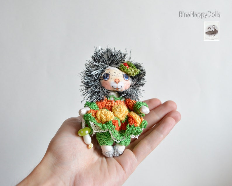 RinaHappyDolls, collectible doll cloth doll Mini handmade fabric doll Happy Hedgehog