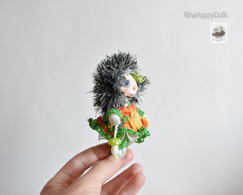 RinaHappyDolls, collectible doll cloth doll Mini handmade fabric doll Happy Hedgehog