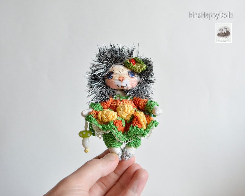 RinaHappyDolls, collectible doll cloth doll Mini handmade fabric doll Happy Hedgehog