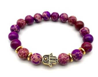 Bracciale elastico con mano di Hamsa e perle di diaspro naturale - Gioielli con pietre preziose boho, protezione spirituale