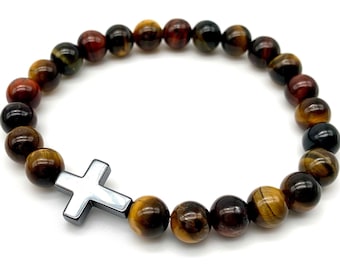 Men's Tiger Eye Cross Bracelet: Silver Tone Hematite, Stretch Fit