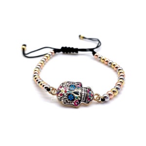 Gothic Sugar Skull Bracelet - Day of the Dead Jewelry, Skull Beaded Bracelet, Edgy Statement Accessory
