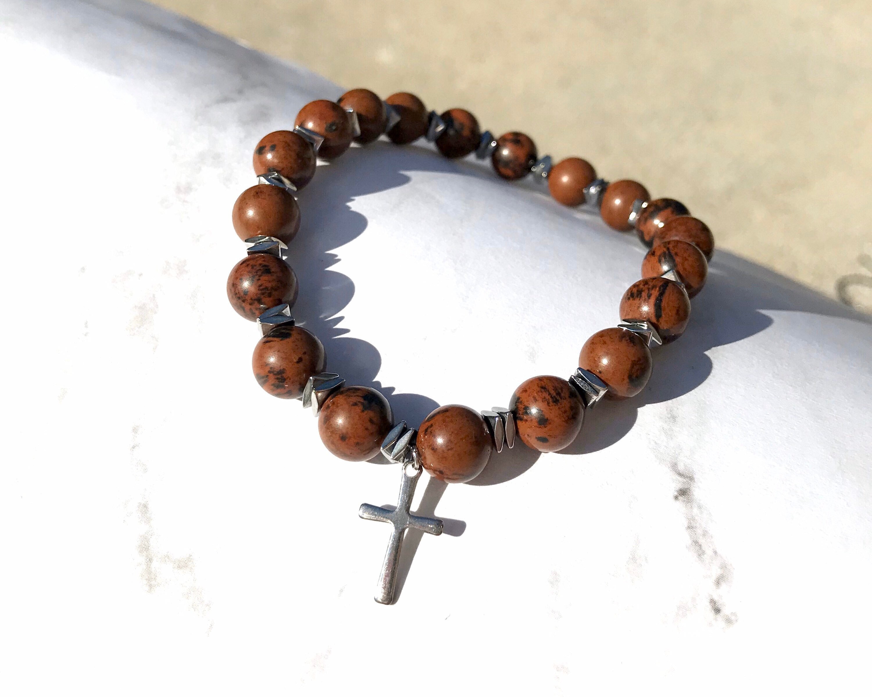 Men's Cross Bracelet Brown Beaded Bracelet Religious Etsy