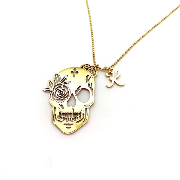 Steel Skull Necklace with Initial - Gold Plated Sugar Skull Necklace - Gold Necklace - Halloween Charm - Layering Necklace - Custom Gift