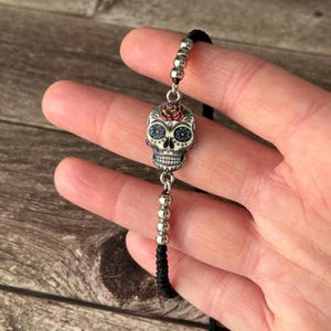 Silver Skull Bracelet on cord  - adjustable bracelet with skull - skull bracelet