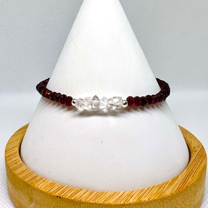 Natural Red Garnet and Herkimer Diamond Stretch Bracelet