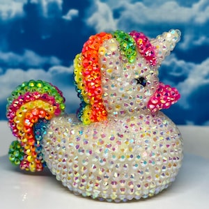 Jeep/Cheer/Cruise/Desktop Buddy Rainbow Unicorn Duck Bling/Bedazzled Rhinestones White or Gold Horn