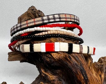 Tila Bracelet and Seed Bead Bracelets Set Tartan Plaid Red