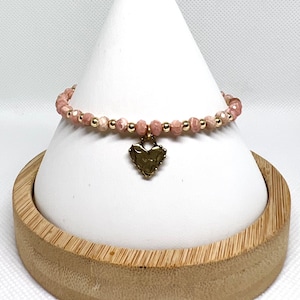 Natural Pink Rhodonite Beads with a Solid Bronze Heart Charm Stretch Bracelet