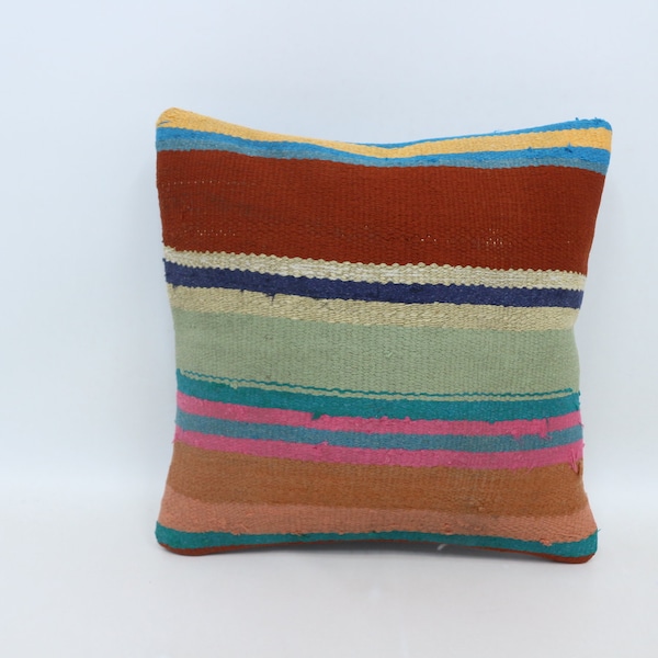 Antique Pillows, Throw Pillow, Kilim Pillow Cover, 18x18 Red Cushion Case, Striped Cushion Case, Valentines Day Gift Cushion, 7418