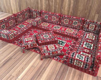 U Shaped Red Majlis Floor Seating, Moroccan Style Low Floor Sofa, Oriental Floor Sofa Set, Ottoman Pouf Set, Rug and Geometric Back Cushions