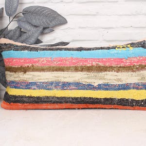Turkish Pillow, Interior Designer Pillow, 12x24 Ethnical Kilim Rug Pillow, Pillow for Sofa, Blue Pillow Cover, Bohemian Lumbar  Pillow,
