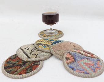 Gift For Her, Kilim Tea and Coffee Pad, 12x12 cm, Drink Coasters, Coffee Cup Pad, 5x5, Set Of Six(6) Coaster, Round Coaster,  SP Coaster- 85