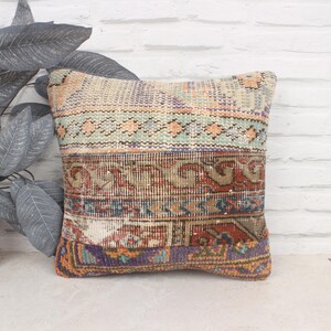 Turkish Kilim Pillow, Turkish Pillow, 16x16 Throw Kilim Pillow, Kilim Pillow Cover, Brown Pillow, Patchwork Pillow, Hand Knotted Pillow,