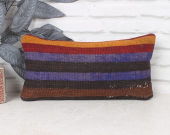 Ethnical Kilim Rug Pillow, Turkish Kilim Pillow, 8x16 Kilim Cushion Sham, Throw Kilim Pillow, Blue Cushion, Tribal Lumbar  Pillow,