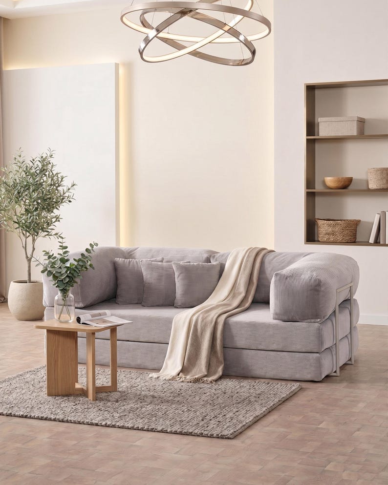 May include: A modern living room setup featuring a light gray corduroy sofa with matching pillows and a beige throw blanket. A small wooden side table holds a vase of greenery and a magazine. A gray rug and a decorative light fixture complete the scene.