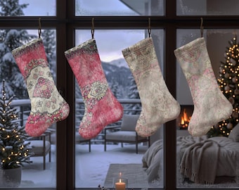 Ornamental Christmas Stocking, Pink and Cream Xmas Stocking, Medallion Holiday Sock, Vintage Inspired Christmas Mantel Decor