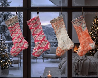 Paisley Christmas Stocking, Pink and Orange Xmas Stocking, Ornamental Holiday Sock, Vintage Inspired Christmas Mantel Decor