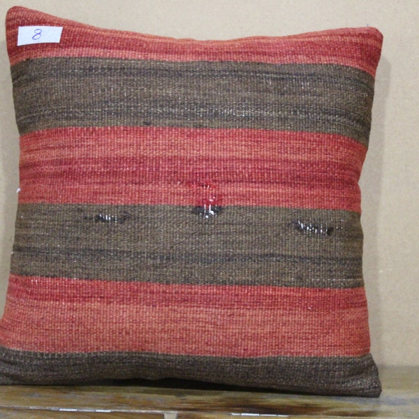 Vintage Handwoven Turkish Kilim Pillow 16x16 Striped Kilim Pillow, Vegetable Dyes Turkey Kilim Pillow Bohemian Pillow Rug Cushions SB8